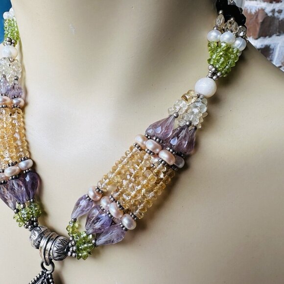 Statement Pendant Necklace 16" Amethyst Peridot Citrine Gems 925 Sterling 100.4g - Picture 5 of 12